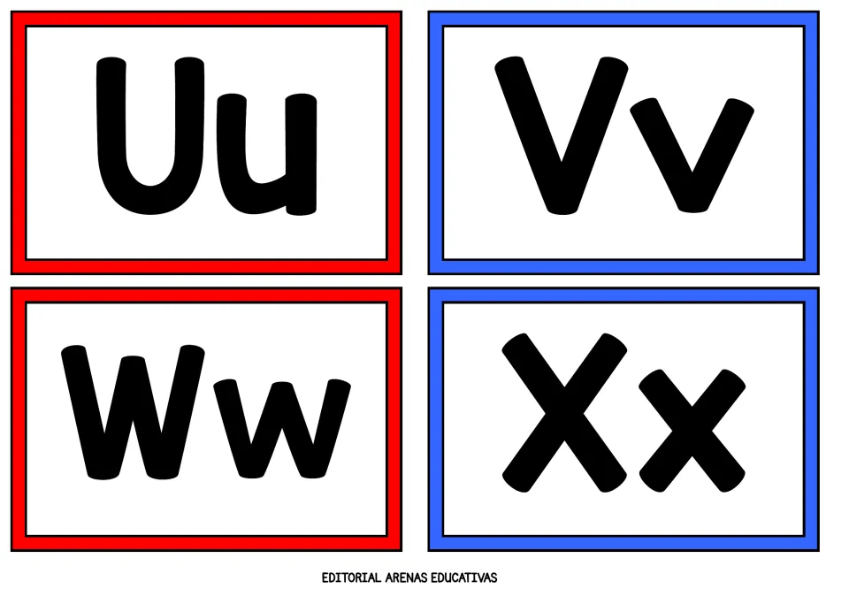 Letters Uu, Vv, Ww and Xx: four flashcards in bold print showing each capital and lowercase form for recognition practice