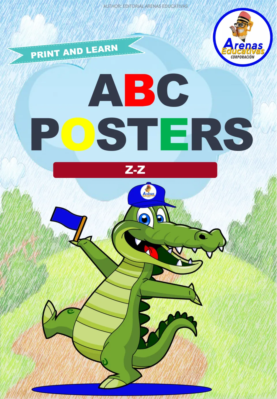 ABC Posters cover marked Print and Learn and Z-Z, showing a cartoon crocodile in a blue cap waving a blue flag on a path
