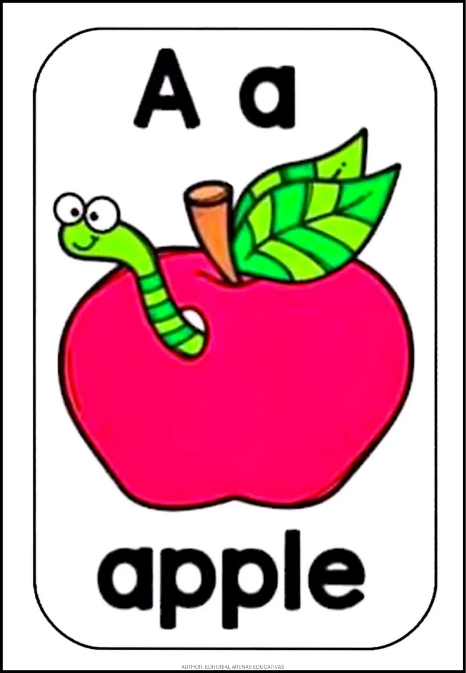 Letter A poster: uppercase and lowercase Aa shown above a red apple with a peeking green worm and the key word apple