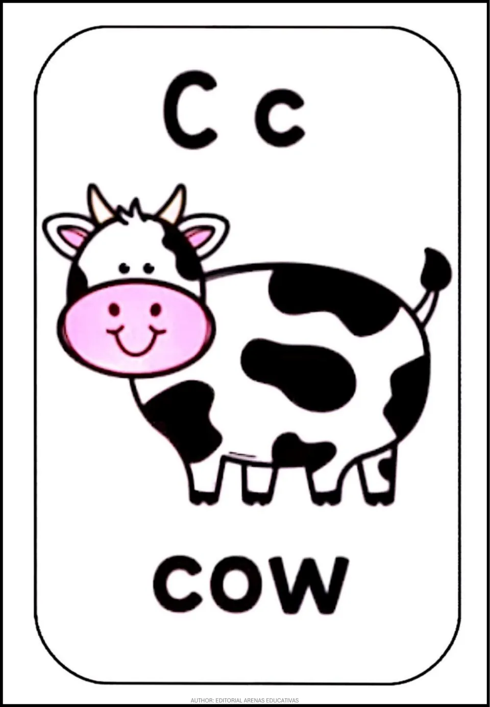 Letter C poster: uppercase and lowercase Cc shown above a smiling black-and-white spotted cow with the word cow