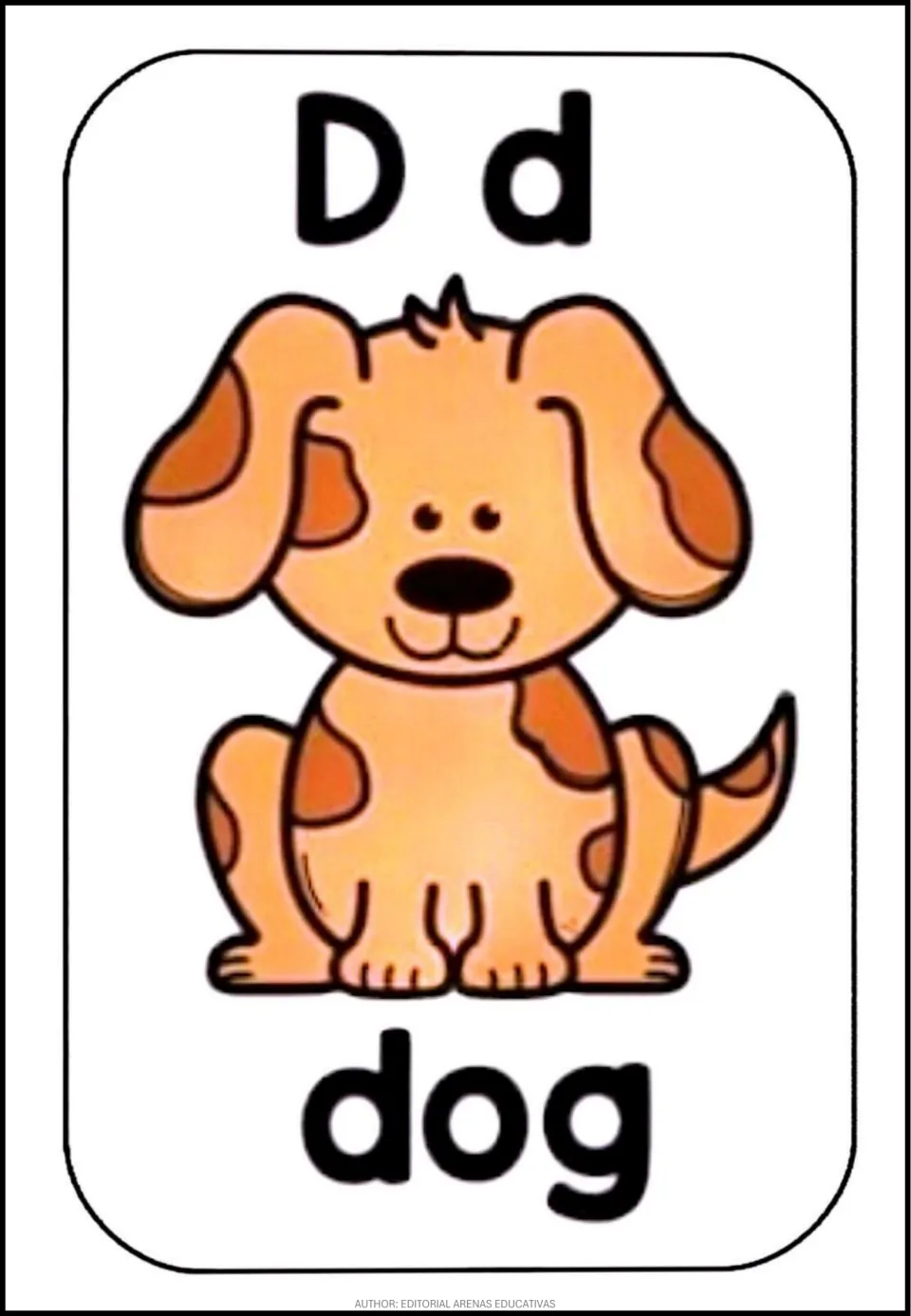 Letter D poster: uppercase and lowercase Dd shown above a sitting orange puppy with brown spots and the word dog