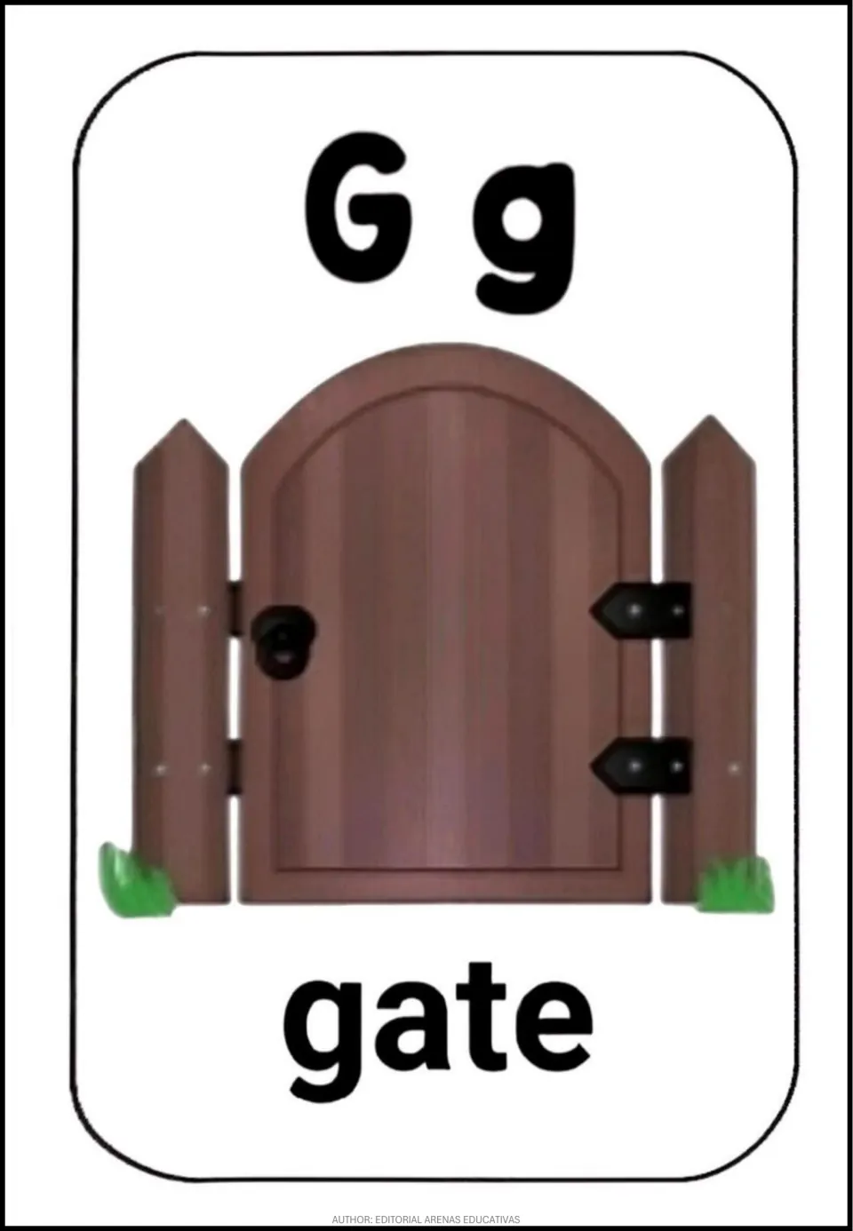 Letter G poster: uppercase and lowercase Gg shown above a brown wooden garden gate with black hinges, labeled gate
