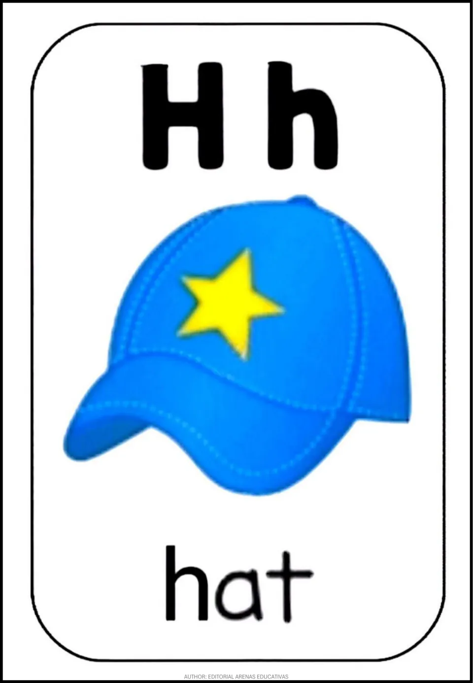 Letter H poster: uppercase and lowercase Hh shown above a blue baseball cap with a yellow star, labeled with hat