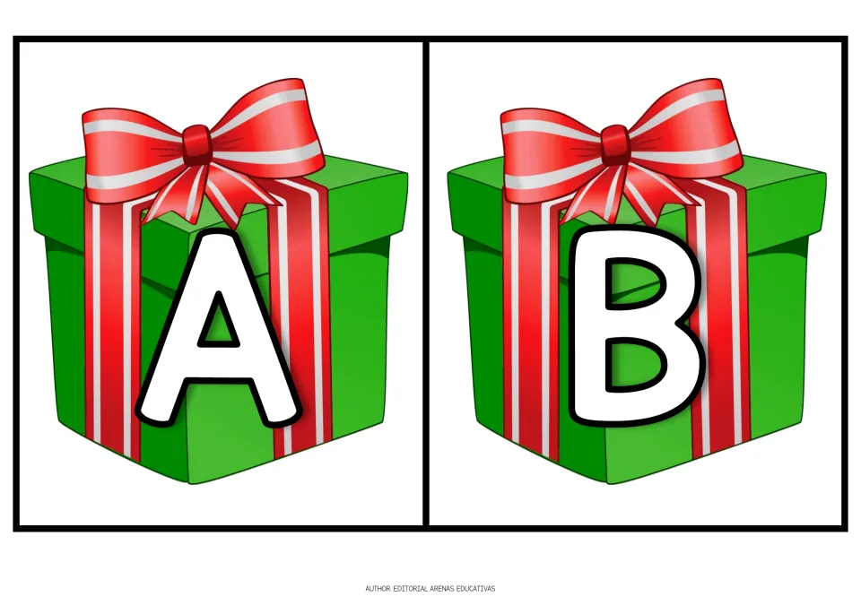 Christmas alphabet cards A and B, each showing an uppercase letter on a green gift with a red ribbon.