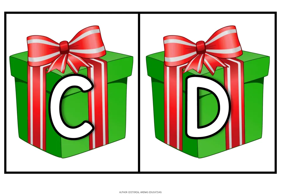 Christmas alphabet cards C and D, each showing an uppercase letter on a green gift with a red ribbon.