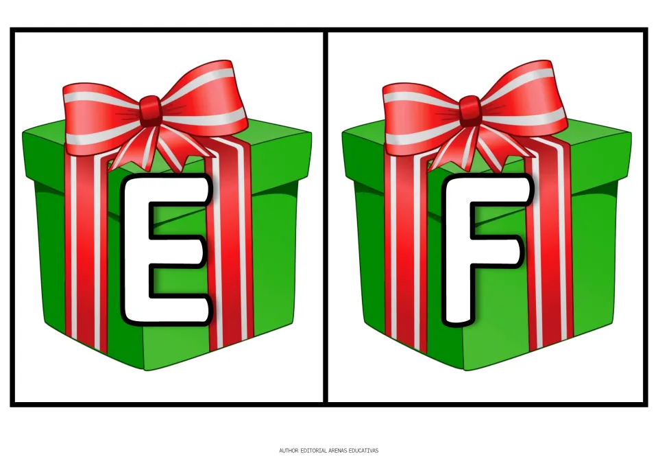 Christmas alphabet cards E and F, each showing an uppercase letter on a green gift with a red ribbon.