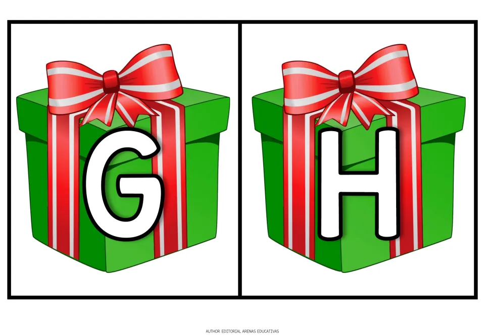 Christmas alphabet cards G and H, each showing an uppercase letter on a green gift with a red ribbon.