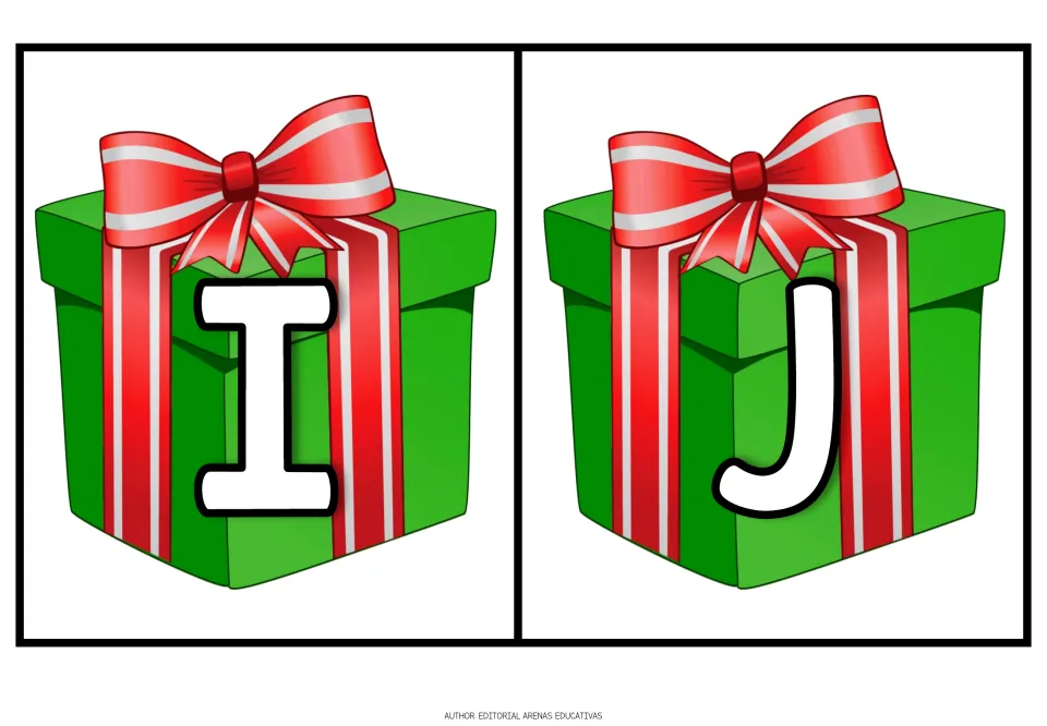 Christmas alphabet cards I and J, each showing an uppercase letter on a green gift with a red ribbon.