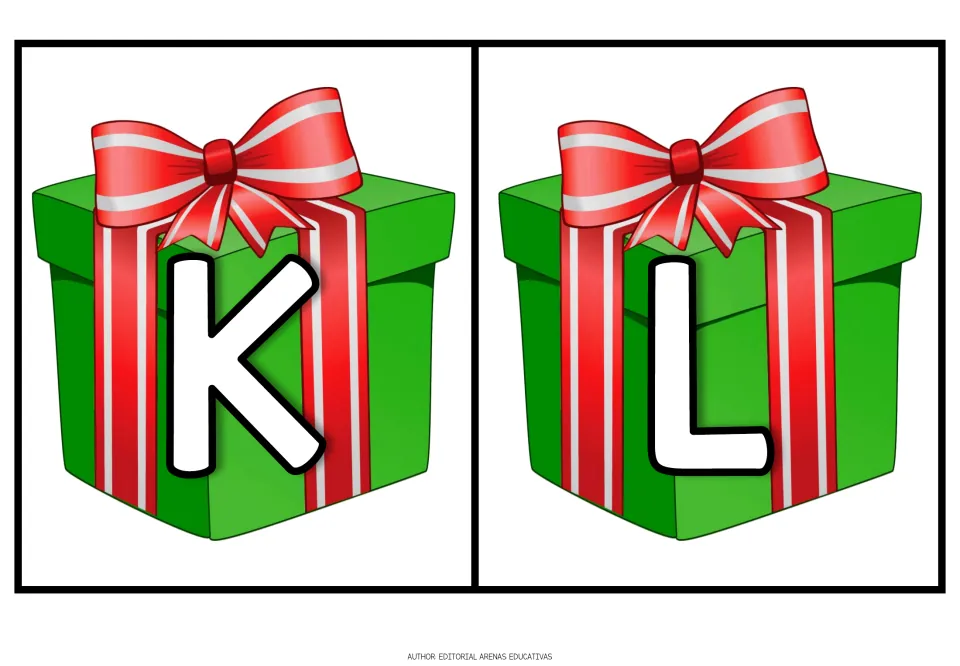Christmas alphabet cards K and L, each showing an uppercase letter on a green gift with a red ribbon.