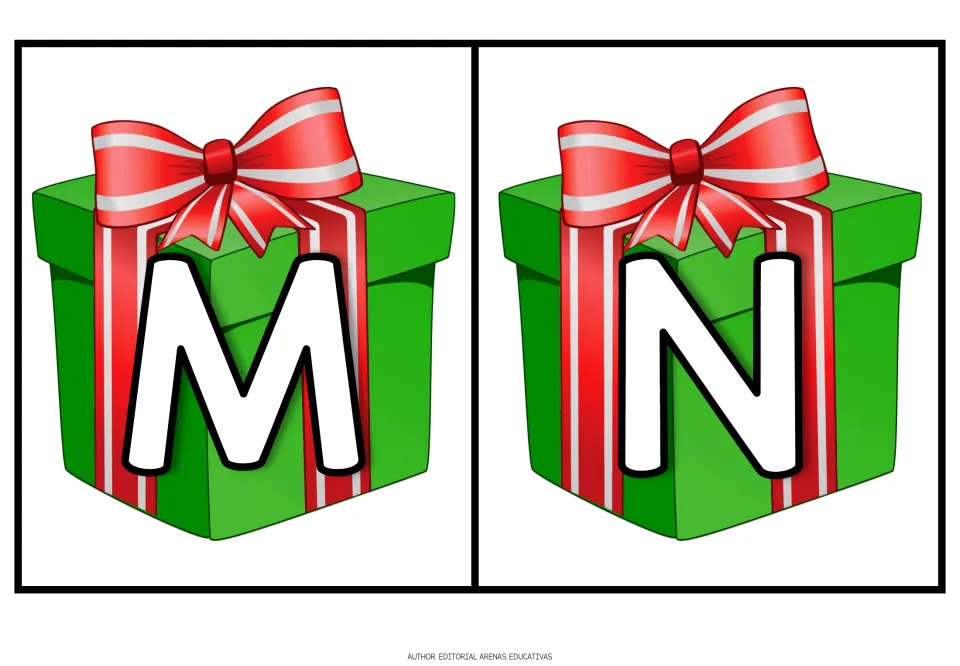 Christmas alphabet cards M and N, each showing an uppercase letter on a green gift with a red ribbon.