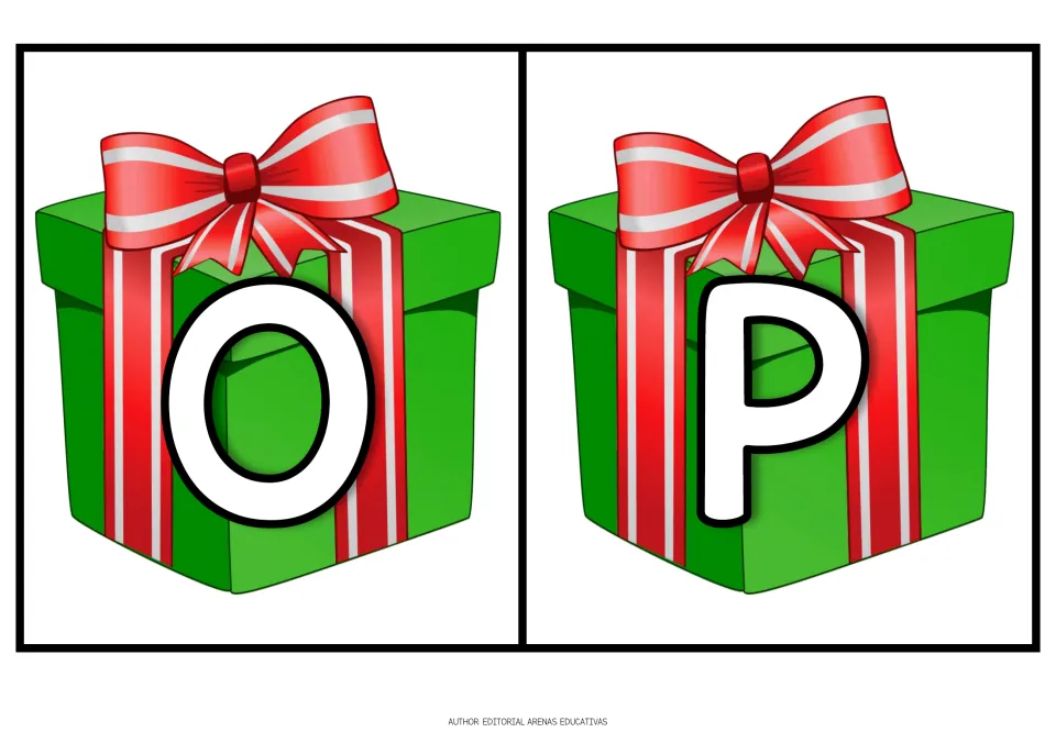 Christmas alphabet cards O and P, each showing an uppercase letter on a green gift with a red ribbon.