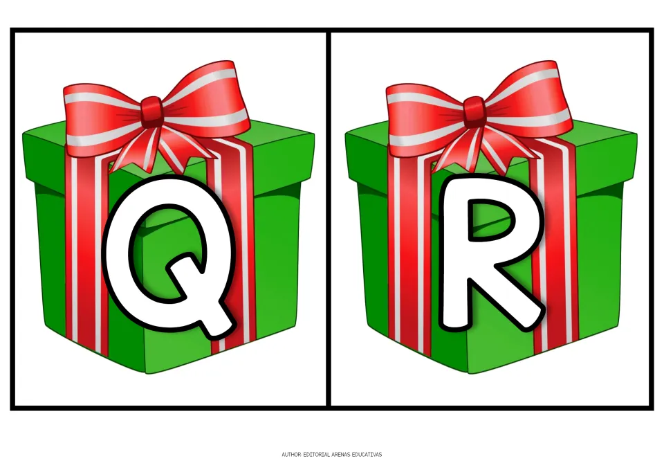 Christmas alphabet cards Q and R, each showing an uppercase letter on a green gift with a red ribbon.
