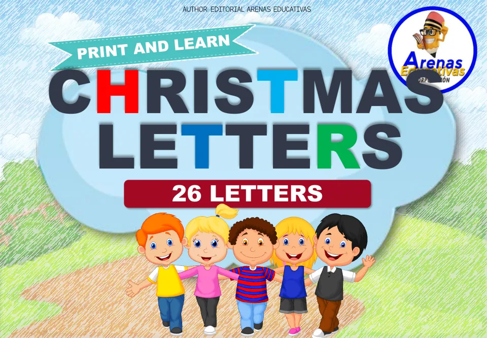 Cover of Print and Learn Christmas Letters, 26 Letters, by Editorial Arenas Educativas, with five cartoon children waving