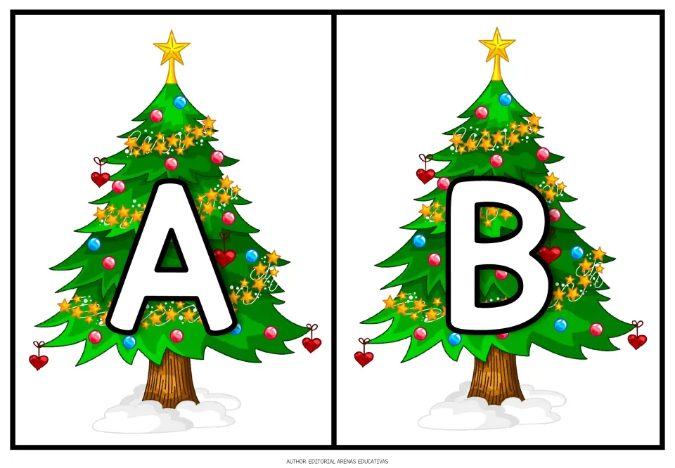 Christmas alphabet: two cards showing large outlined uppercase A and B, each over a decorated tree with a gold star