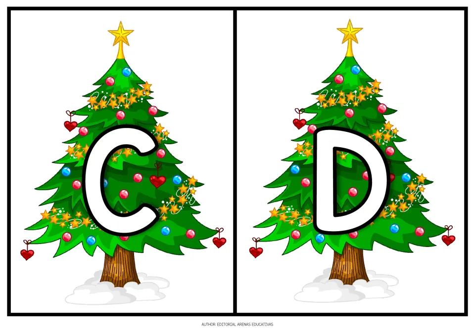 Christmas alphabet: two cards with big outlined uppercase C and D set on ornament-covered trees with hearts and stars
