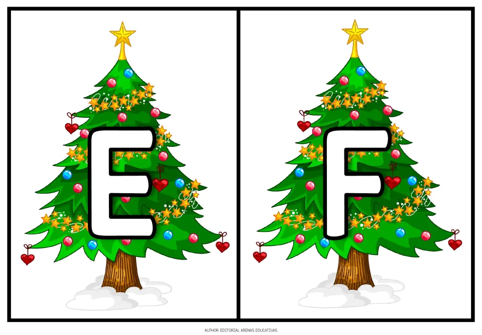 Christmas alphabet: uppercase E and F letter cards, each letter printed in white over a decorated tree on snow