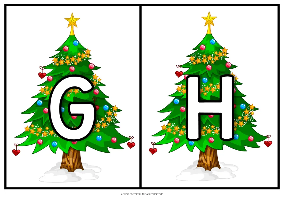Christmas alphabet: cards for uppercase G and H, white bubble letters on trees with baubles, garland and a gold star