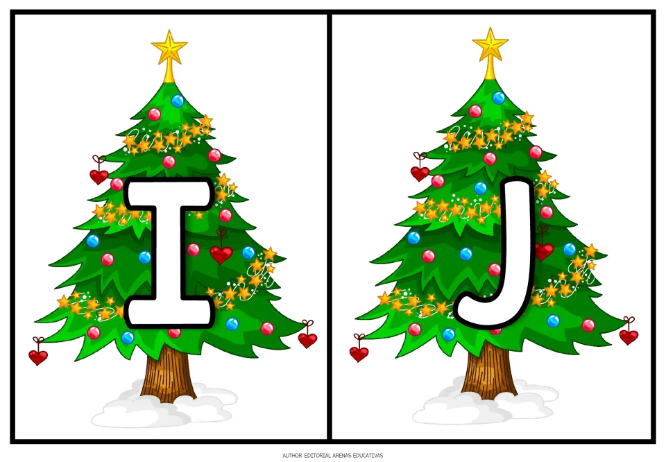 Christmas alphabet: uppercase I and J shown as large white letters on two ornament-filled trees topped with stars