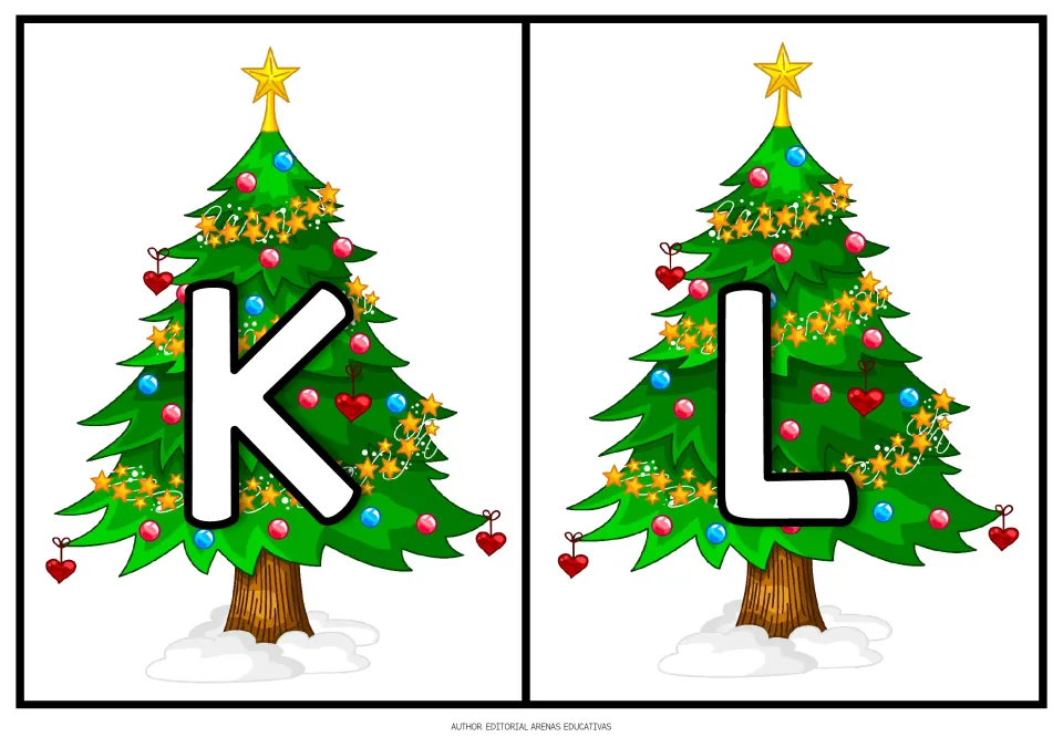 Christmas alphabet: two cards with large uppercase K and L in white over decorated trees with red heart ornaments