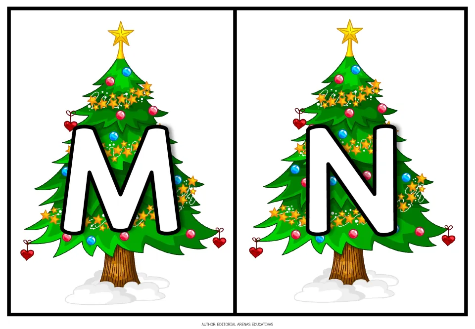 Christmas alphabet: uppercase M and N letter cards, each bold white letter placed on a star-topped tree in the snow