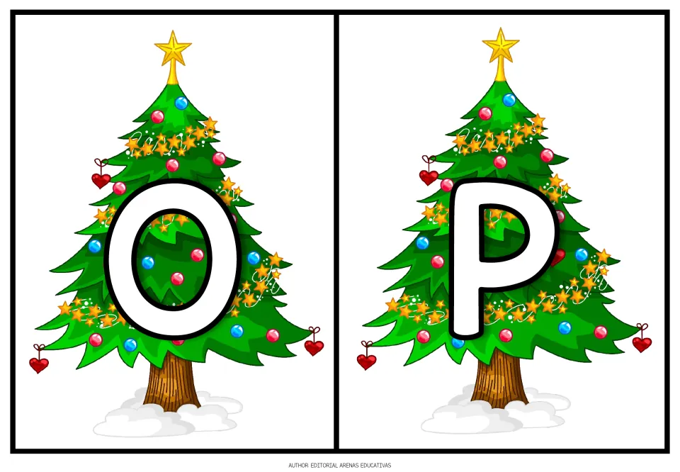 Christmas alphabet: cards for uppercase O and P, outlined white letters over trees with gold stars and blue baubles