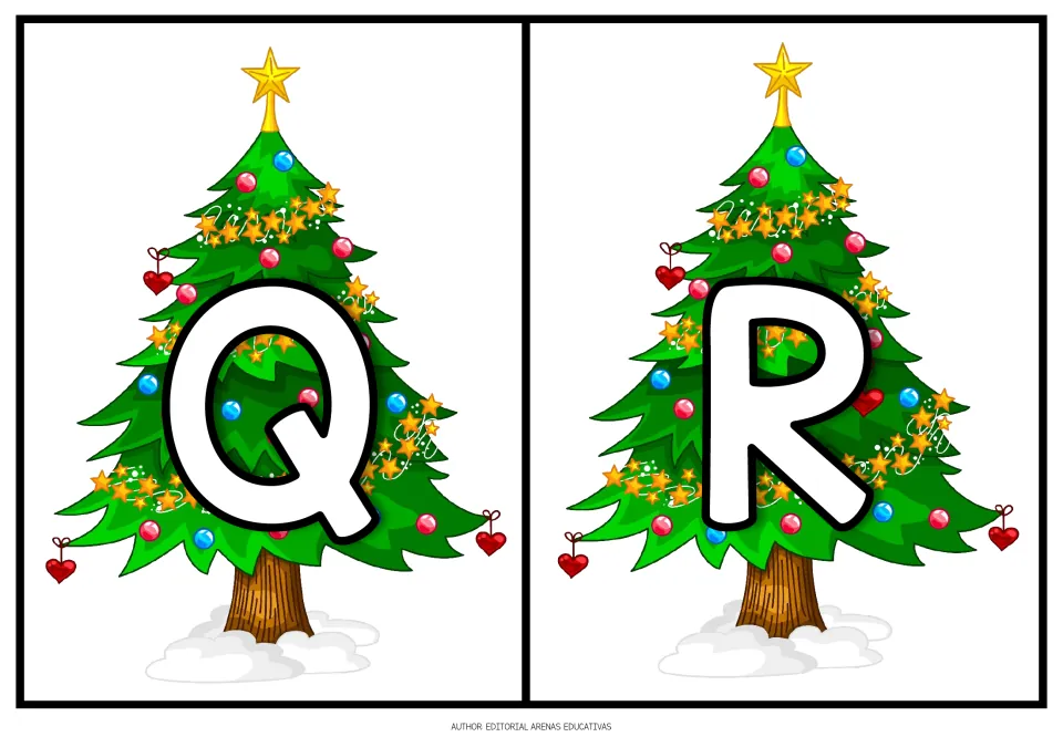 Christmas alphabet: uppercase Q and R on two cards, large white letters over trees decked with garland and hearts