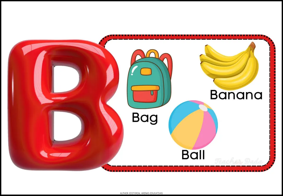 Alphabet poster B features a large uppercase letter and three labeled pictures: Bag, Banana and Ball