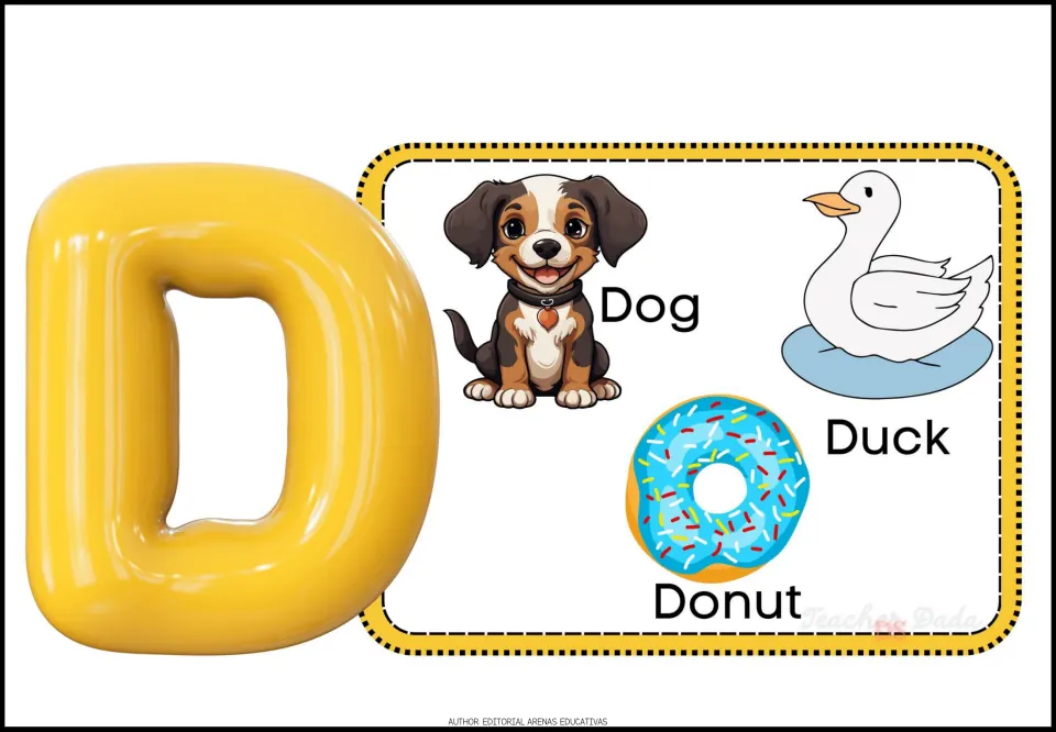 Alphabet poster D features a large uppercase letter and three labeled pictures: Dog, Duck and Donut