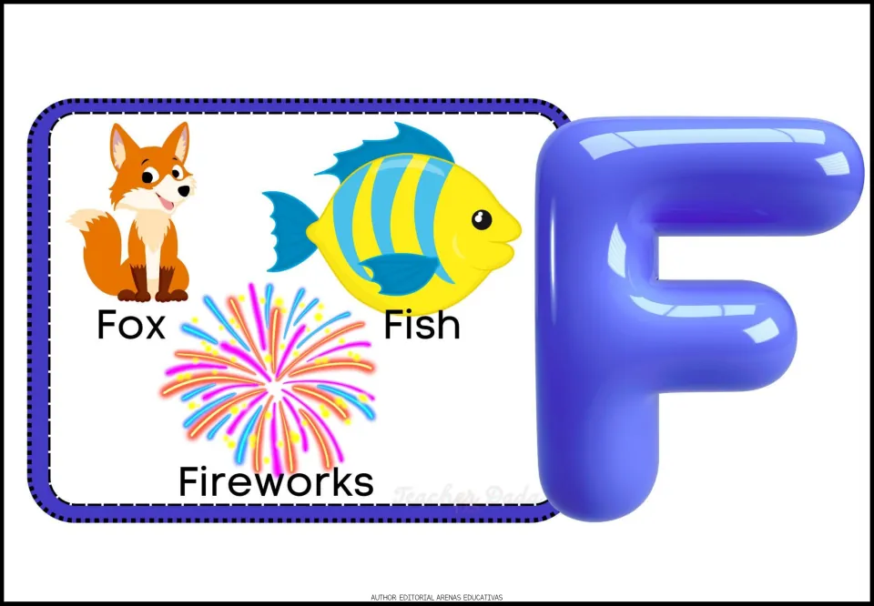 Alphabet poster F features a large uppercase letter and three labeled pictures: Fox, Fish and Fireworks