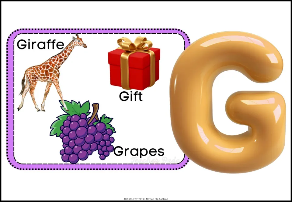 Alphabet poster G features a large uppercase letter and three labeled pictures: Giraffe, Gift and Grapes