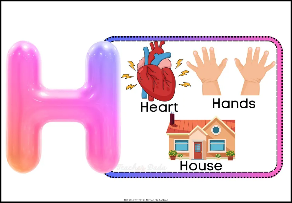 Alphabet poster H features a large uppercase letter and three labeled pictures: Heart, Hands and House