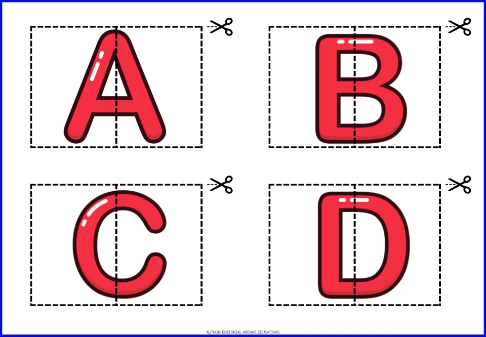 Uppercase alphabet puzzles A, B, C and D, each split into two pieces to cut apart and match into a letter