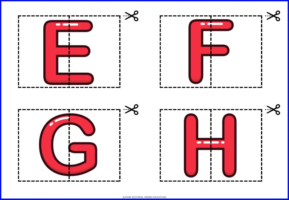 Uppercase alphabet puzzles E, F, G and H, each split into two pieces to cut apart and match into a letter