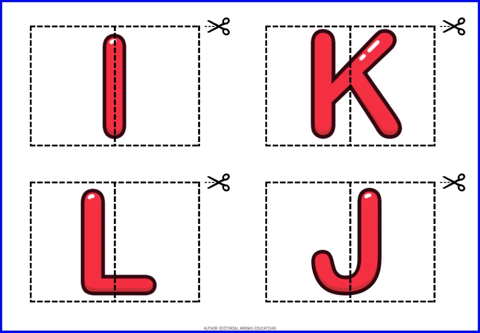 Uppercase alphabet puzzles I, K, L and J, each split into two pieces to cut apart and match into a letter