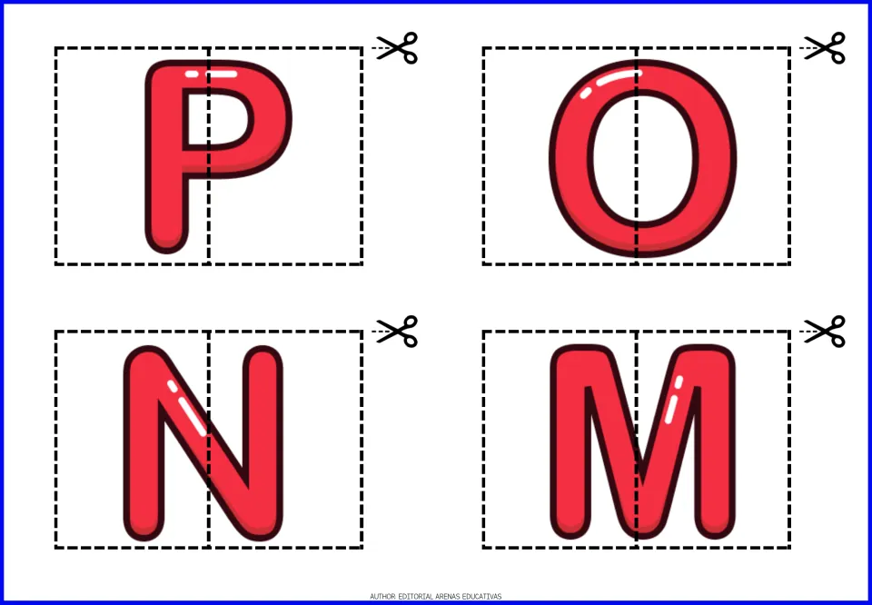 Uppercase alphabet puzzles P, O, N and M, each split into two pieces to cut apart and match into a letter