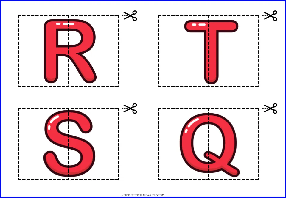 Uppercase alphabet puzzles R, T, S and Q, each split into two pieces to cut apart and match into a letter