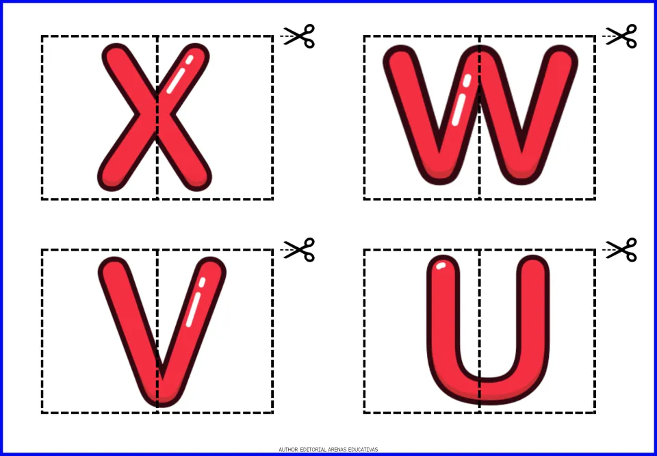 Uppercase alphabet puzzles X, W, V and U, each split into two pieces to cut apart and match into a letter
