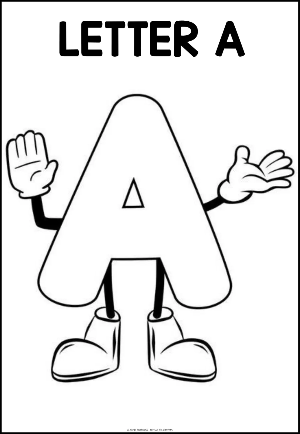 Letter A coloring page: students color a large bubble capital A drawn as a cartoon character waving with gloved hands