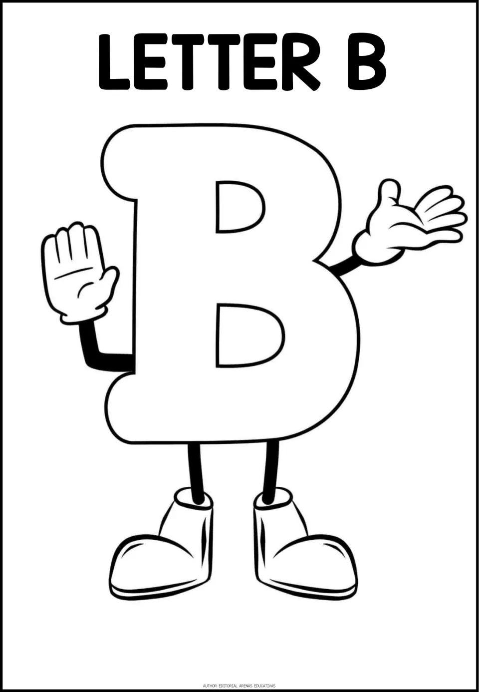 Letter B coloring page: students color an uppercase B cartoon figure with one hand raised, one open and big shoes
