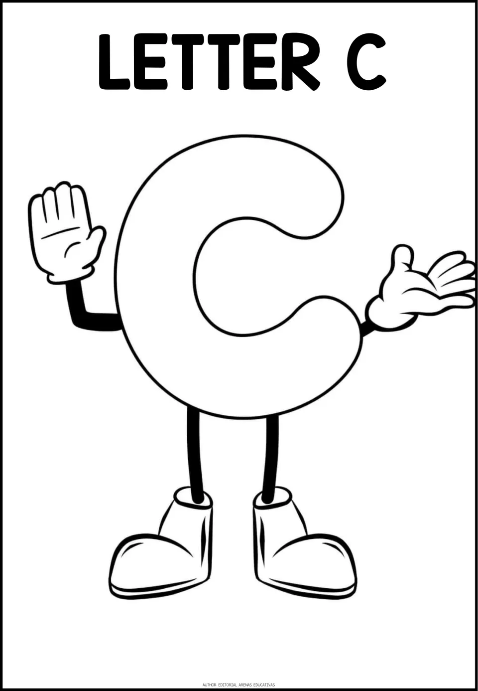 Letter C coloring page: students color a rounded capital C character standing on two legs in big cartoon shoes