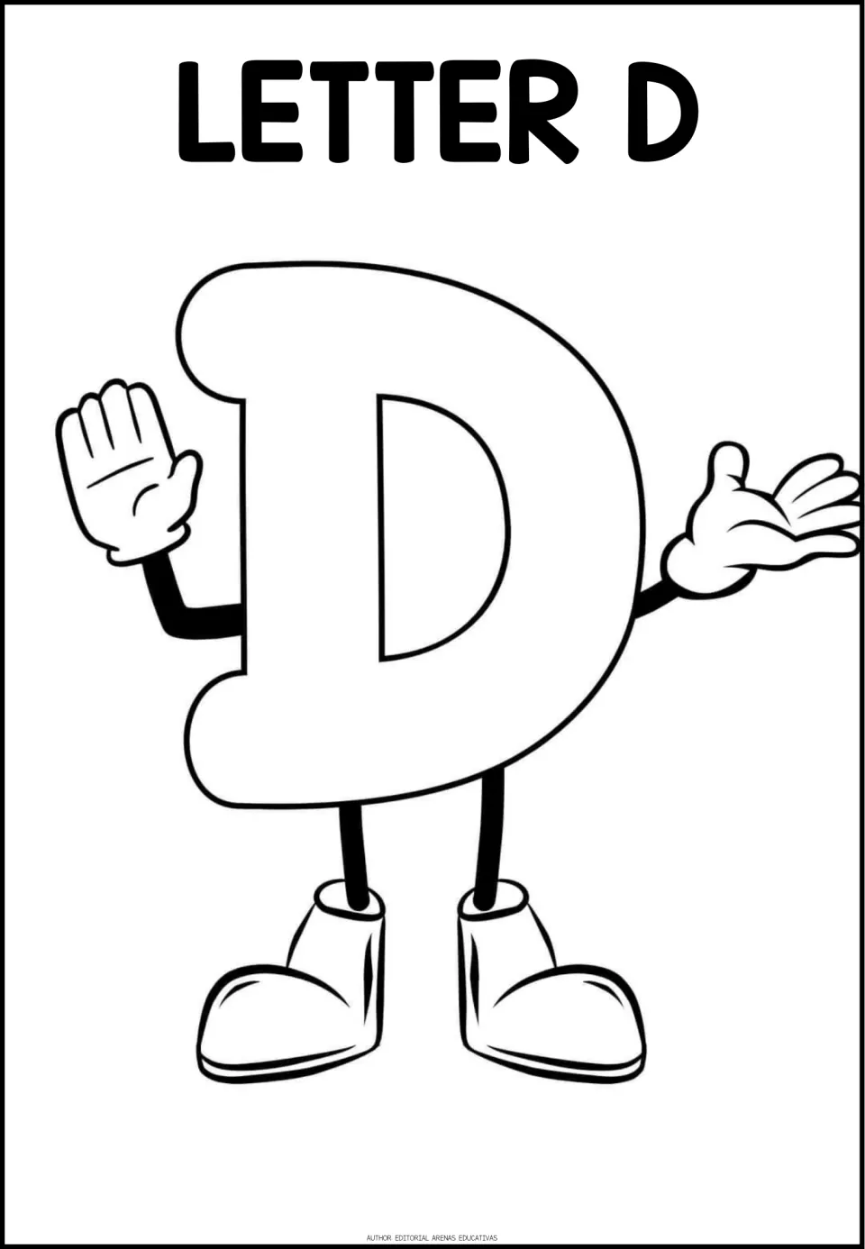 Letter D coloring page: students color a bubble uppercase D with waving gloved hands, recognizing the D shape