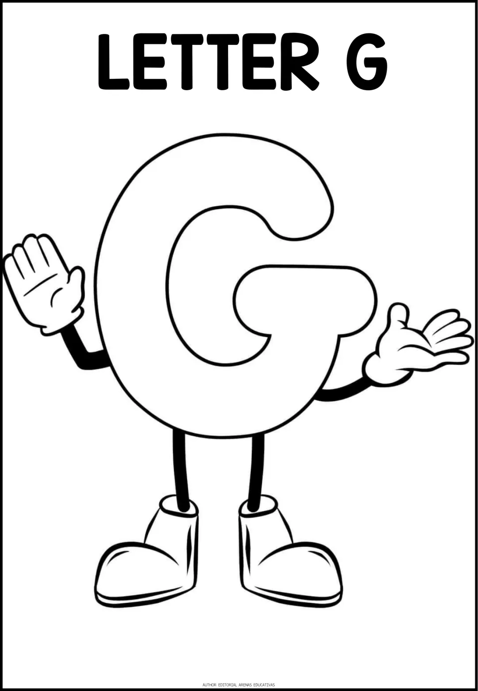 Letter G coloring page: students color a large capital G character with gloved hands and big cartoon shoes