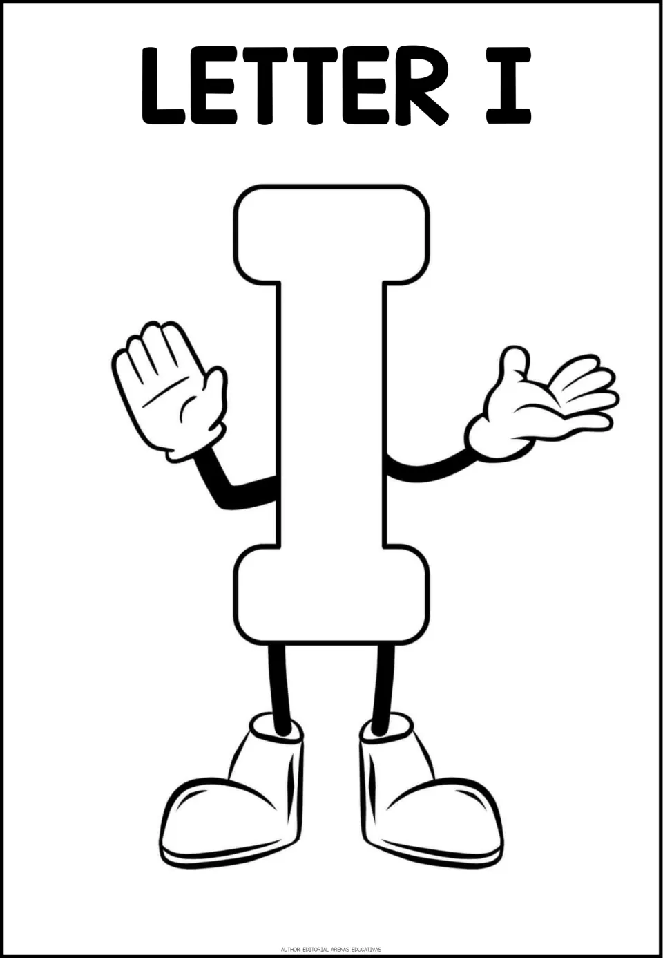 Letter I coloring page: students color a tall capital I character waving one hand, recognizing the uppercase I