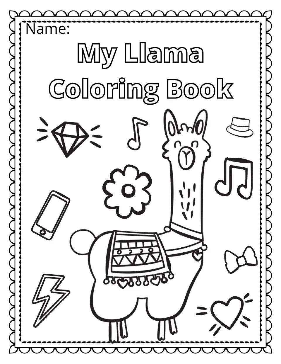 Coloring book cover titled 'My Llama Coloring Book,' with a name space and a llama wearing a patterned blanket