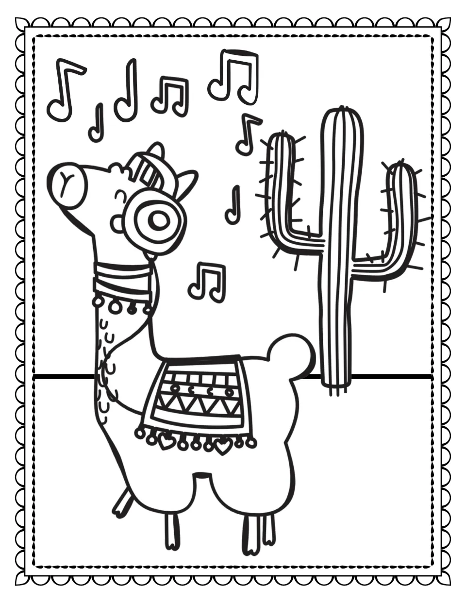 Llama coloring book page 2: a llama wearing headphones and a patterned blanket beside a cactus and musical notes