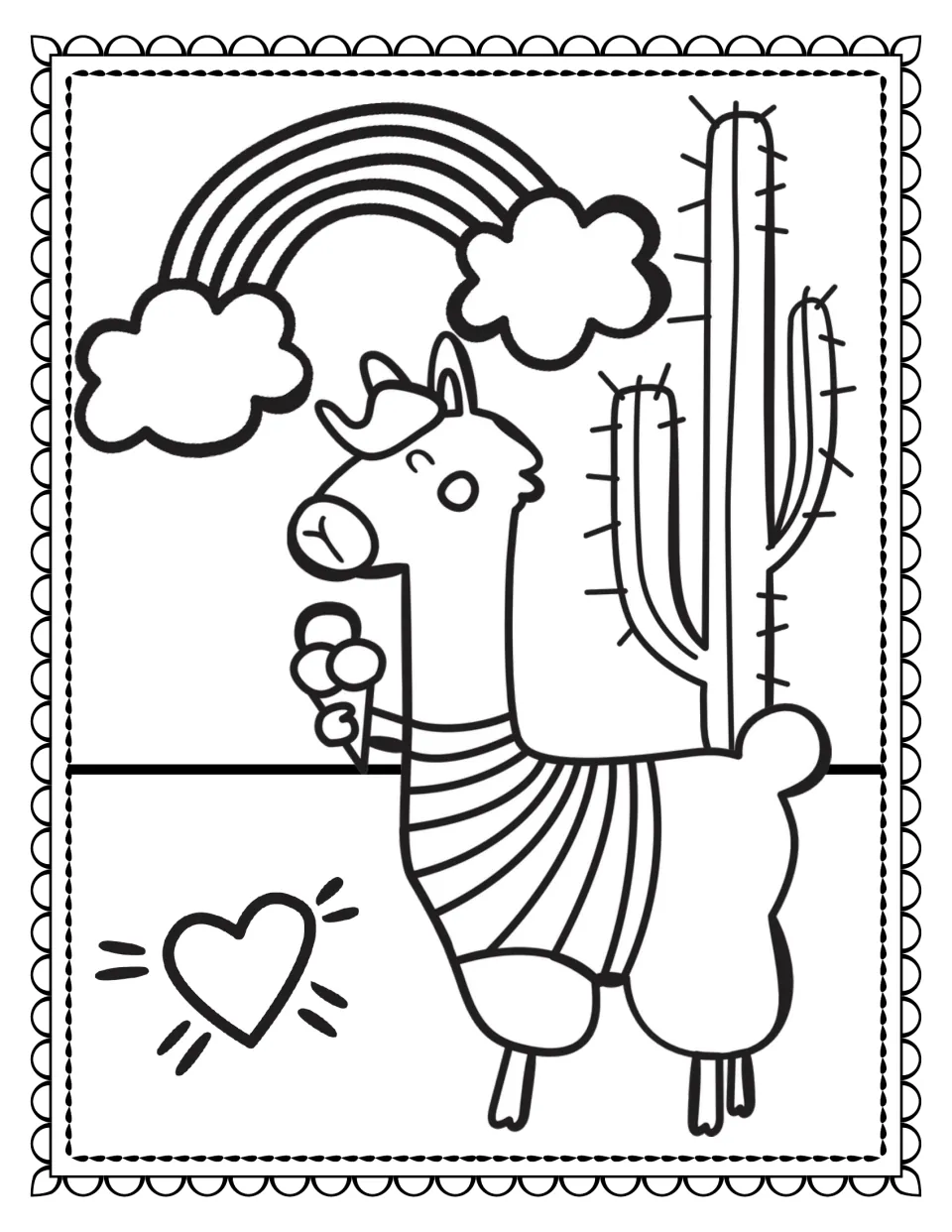 Llama coloring book page 3: a llama wearing a cap and striped shirt holds an ice cream cone beneath a rainbow