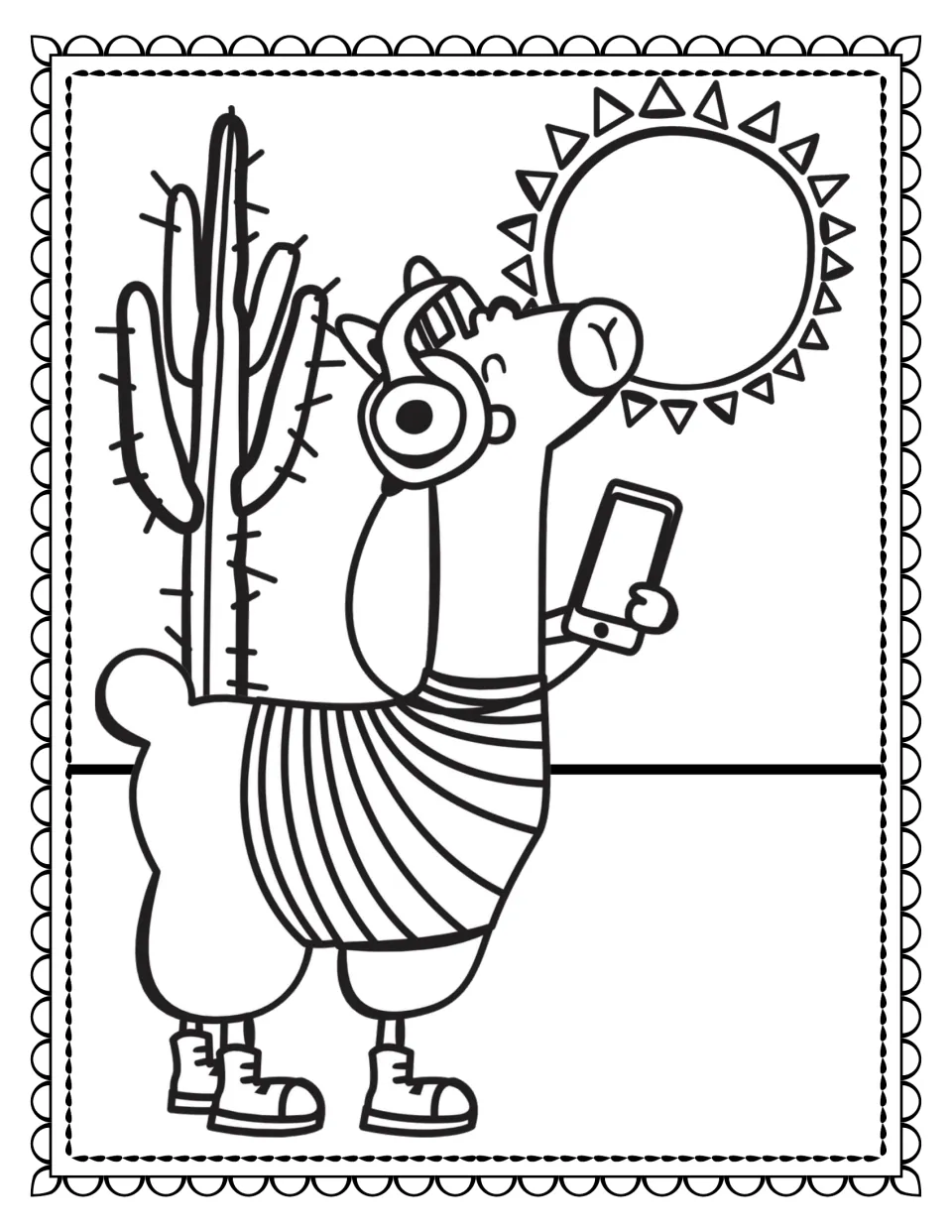 Llama coloring book page 4: a llama in headphones, a striped shirt, and sneakers holds a phone beside a cactus