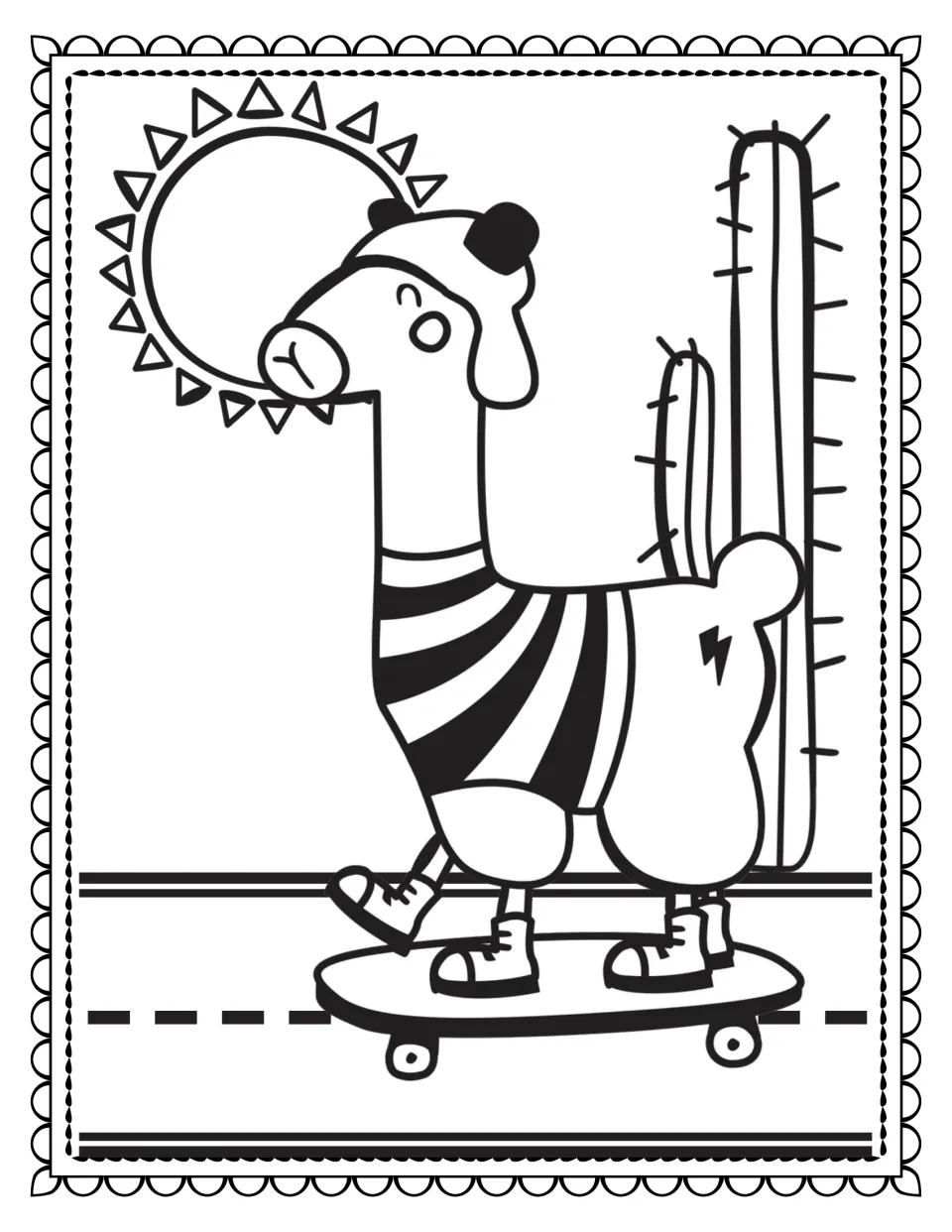 Llama coloring book page 5: a llama wearing an animal hat, striped shirt, and sneakers rides a skateboard