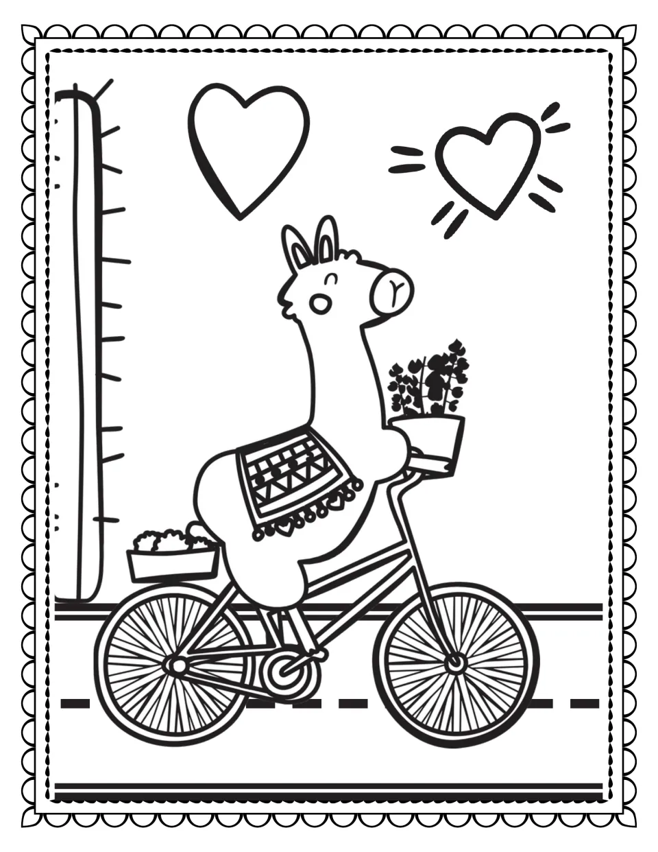 Llama coloring book page 6: a llama wearing a patterned blanket rides a bicycle carrying potted plants