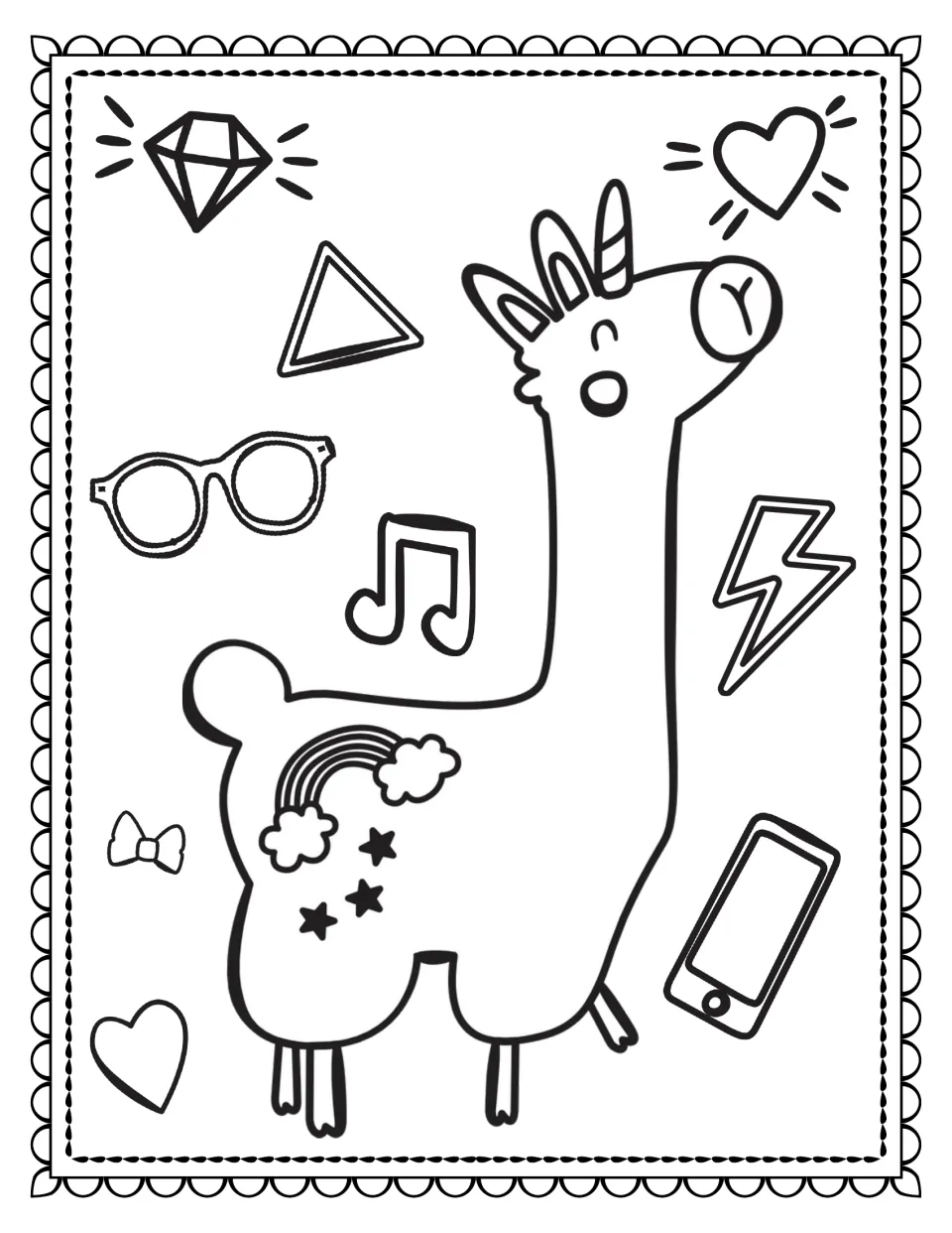 Llama coloring book page 7: a unicorn llama has a rainbow and stars on its body, surrounded by accessories